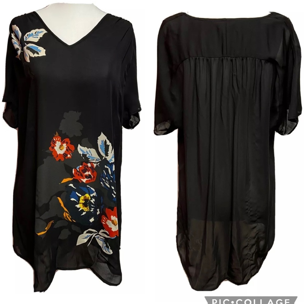 Womans M Cabi sheer black High-low V Neck tunic w/ floral accents. PRFCT CNDTN!
